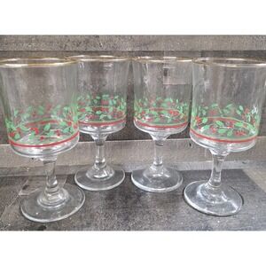 Vtg Libbey Arby's 1985 Holly & Berry Set of 4 Christmas Wine Glasses Gold Rim